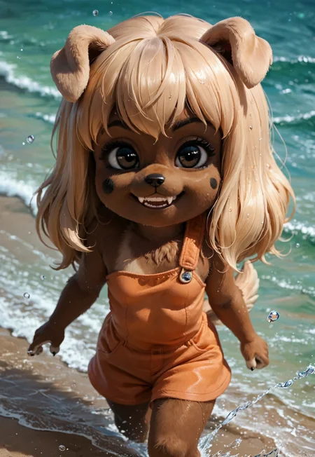 safe_pos, score_9, score_8_up, score_7_up, score_6_up, high res, detailed background, detailed face, detailed mouth, high detail, (furry), source_anime, furry, cartoon, lilotte, solo, 1girl, furry female, long hair, dog ears, black eyes, dog tail, orange overalls, blonde hair, dog girl, smile, smug, looking at viewer, teeth, small fangs, small breasts, shortstack, cute, cutest girl in the world, dark skin, white paws, on the beach, wet wool, running along the beach, splashing in the water