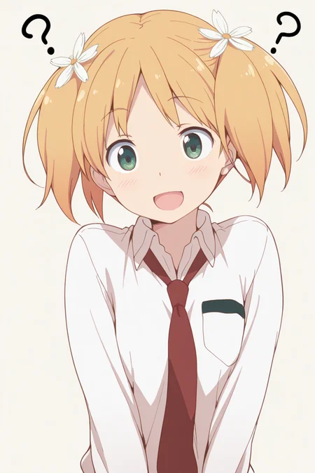 masterpiece, best quality, amazing quality,
<lora:Yuu_IL:1> yuu, 1girl, hair flower, flower, hair ornament, solo, twintails, ?, open mouth, blonde hair, smile, necktie, school uniform, green eyes, :d, short hair, what, simple background,