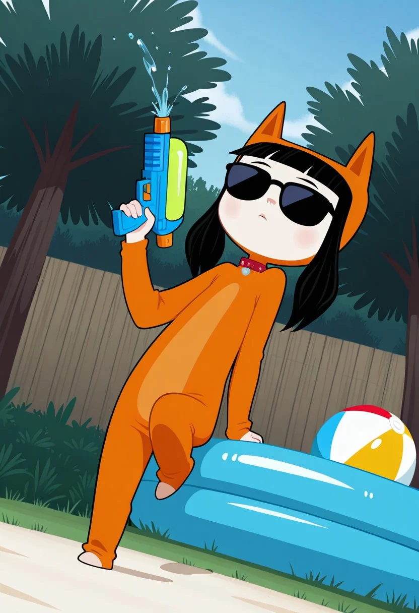 handsfree, masterpiece, best quality, amazing quality, very aesthetic, 1girl, solo, kitty_cat_illus, black hair, blunt bangs, twintails, cat costume, collar, holding a water gun, sunglasses, backyard fence, water particles, grass, tree, beach ball and inflatable pool in the background, dynamic angle, cowboy shot, dutch angle, low angle, one foot stepping on a beach ball,