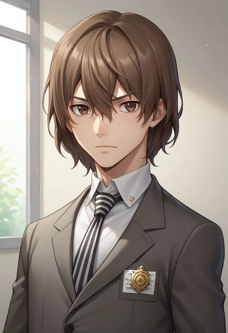 score_9, score_8_up, source_anime, highly detailed, 1boy, solo, male_focus,
goro, brown hair, male focus, 1boy, necktie, brown eyes, school uniform, formal,
looking at viewer, suit, hair between eyes, shirt, collared shirt, jacket,
striped necktie
inside,