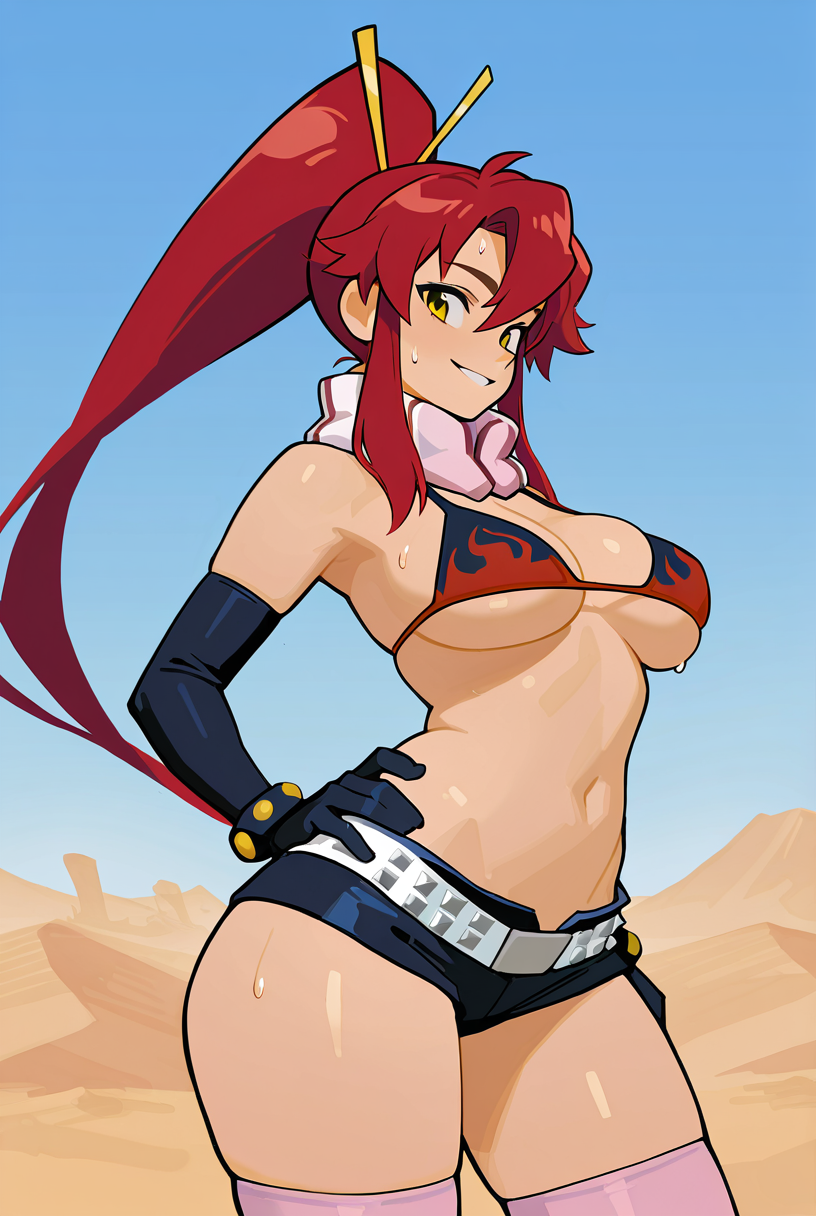 amega4, masterpiece, best quality, aesthetic, muted colors, shiny skin, wide angle, arched back, upperbody, yoko littner, long red hair, yellow eyes, pony tail, large breasts, bikini top, short shorts, thong, thighhighs, elbow gloves, gloves, thicc, wide hips, hand on hips, sweat, sweat droplets, outdoors, desert, looking at viewer, smile, windy, blue skies