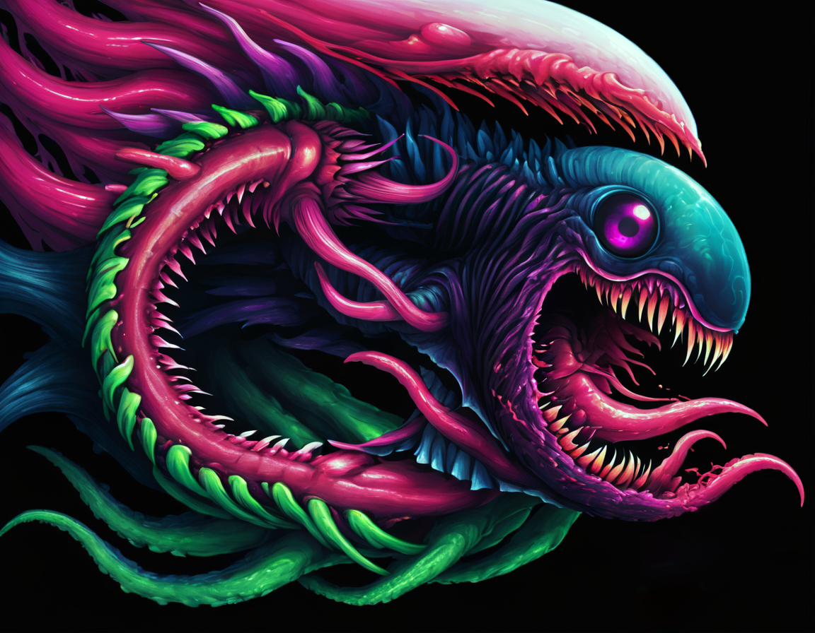 <lora:brho:0.5>brho, sea creature, white hot face with another set of sharp teeth on the inside, green tentacle with sharp claw on end, pink liquid, green tentacles, purple claws, thick blue hair, jellyfish eyes, black background