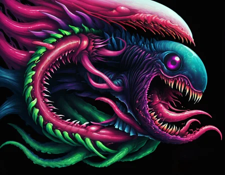 <lora:brho:0.5>brho, sea creature, white hot face with another set of sharp teeth on the inside, green tentacle with sharp claw on end, pink liquid, green tentacles, purple claws, thick blue hair, jellyfish eyes, black background