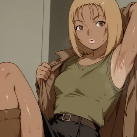gygirl, 1girl, solo, short blonde hair, bangs, pink lips, brown eyes, tanned skin, closed brown jacket, green shirt, black skirt, brown boots
gygirl taking off her jacket and showing her armpit, sweaty armpits
