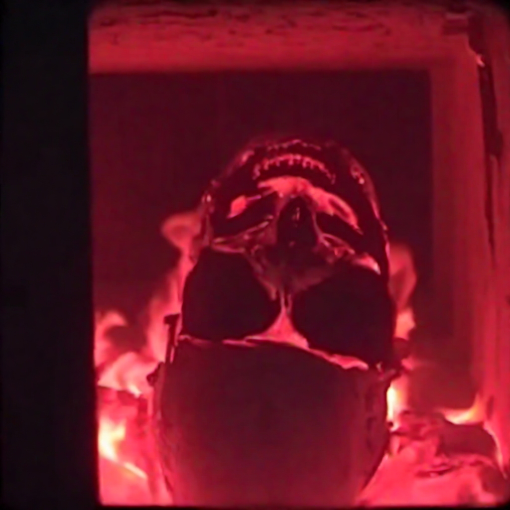 cinematic film, upright  red hot glowing skul inside a (dark:1.4) crematorium <lora:crematorium-000018:1>,  black background