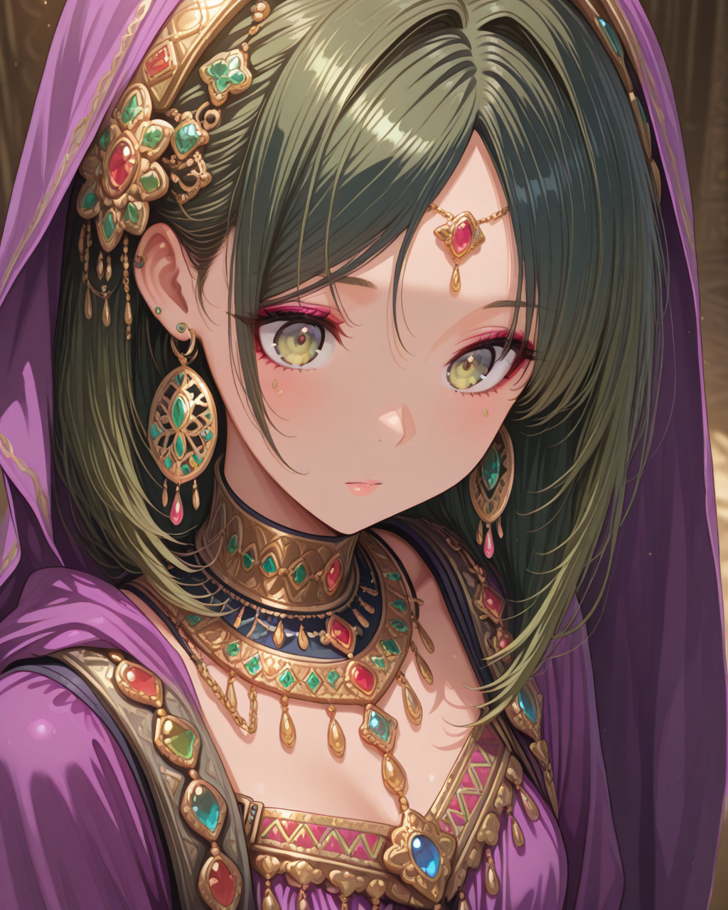 masterpiece,best quality,highres illustration,detailed face,1girl,from above,<lora:overacc_IL:1.5>,accessories,arabian clothes,upper body,green hair,parted bangs,
