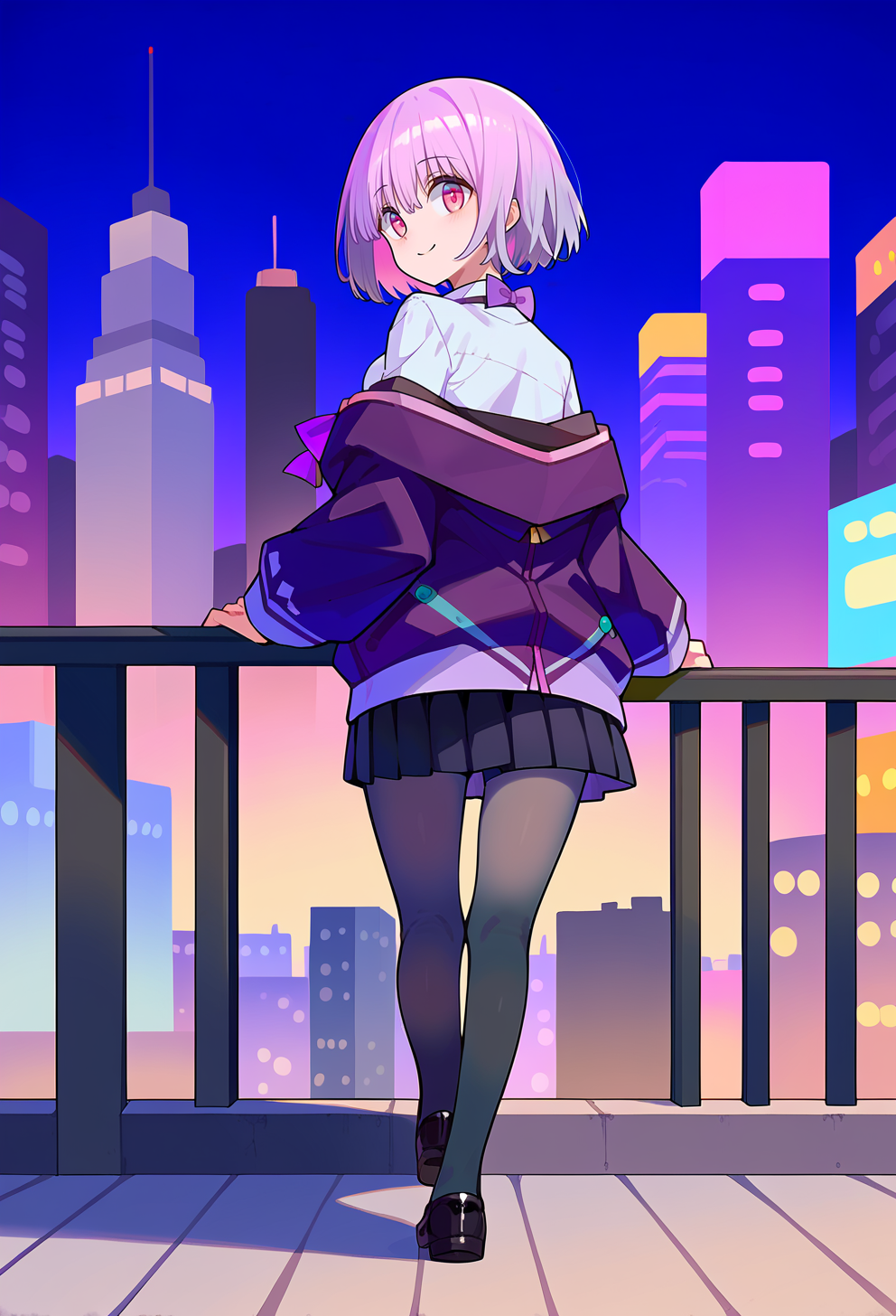 score_9, score_7_up, source_anime BREAK <lora:AEAkane (2):0.9> AEAkaneDef, pink eyes, short hair, dress shirt, purple jacket, off shoulder, open jacket, black skirt, pleated skirt, purple bowtie, gradient pantyhose, grey pantyhose, black pantyhose, shoes, black footwear, smile, against railing, cityscape, night sky, from behind, looking back,