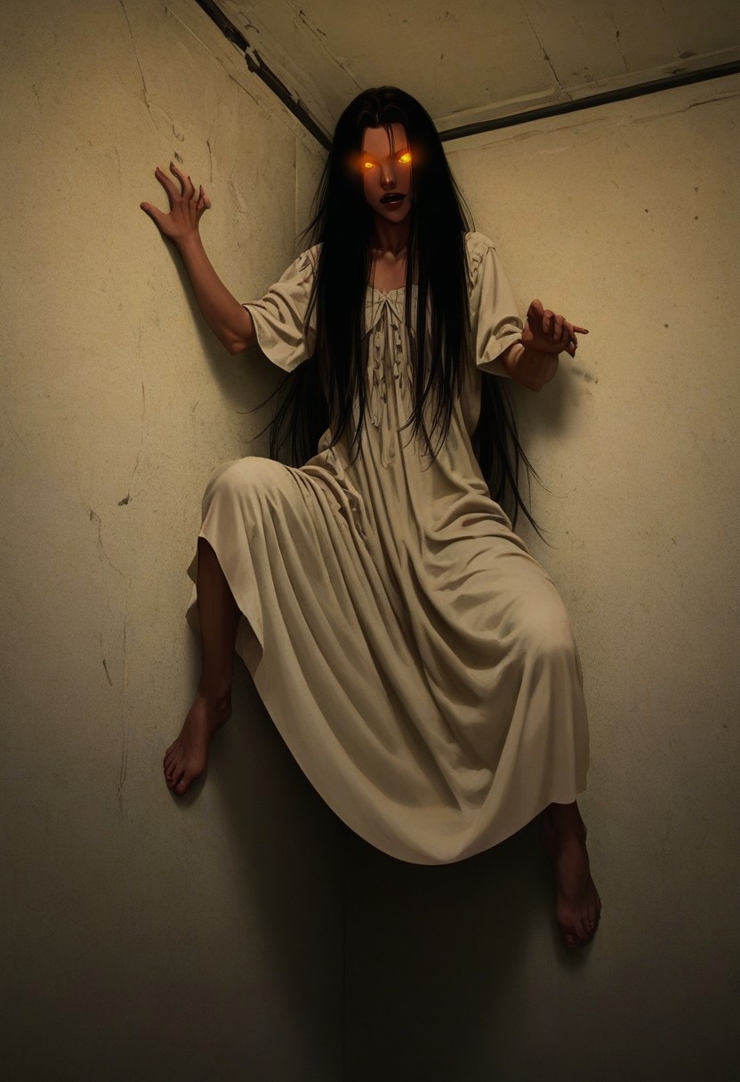 score_9, score_8_up, score_7_up, 1girl, solo, p0ssessed, ceiling, corner. wall, low angle, view from below, against wall, ghost, white dress, long hair, black hair, room, dark, low light, night, DarkFantasy, glowing eyes, barefoot, feet, sinozick style, flat color, dark theme, spread legs,