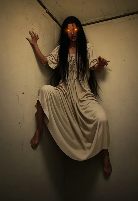 score_9, score_8_up, score_7_up, 1girl, solo, p0ssessed, ceiling, corner. wall, low angle, view from below, against wall, ghost, white dress, long hair, black hair, room, dark, low light, night, DarkFantasy, glowing eyes, barefoot, feet, sinozick style, flat color, dark theme, spread legs,