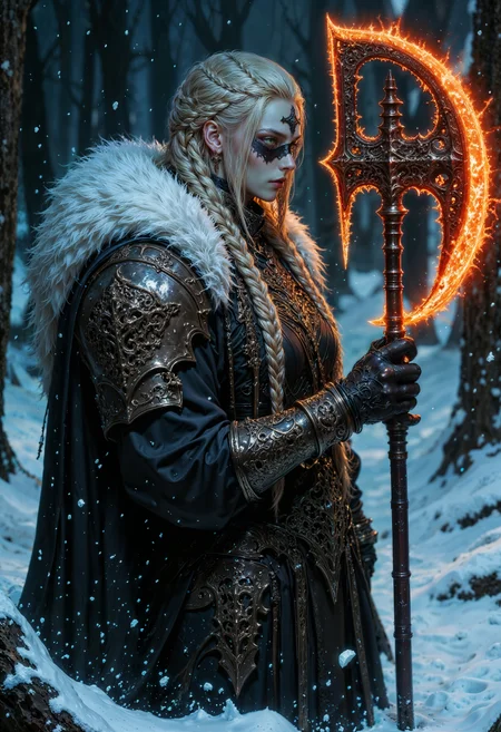 An1meL1nes, a warrior in a snowy, mystical setting. The subject is a woman with long, braided blonde hair, adorned with intricate braids and beads. Her skin is fair, and she has striking dark war paint accentuating her eyes. The female warrior is clad in detailed armor with fur accents, showcasing a mix of metal and leather textures. She holds a large, ornate axe with a glowing, fiery blade, casting a warm light that contrasts with the cold, blue-toned background. Snowflakes are falling around her, adding to the dramatic and intense atmosphere. The overall composition is dynamic, with a focus on the female warrior's determined expression and the fiery weapon, creating a sense of power and mysticism. (maximum ultra high definition image quality and rendering:3), maximum image detail, maximum realistic render, (((ultra realist style))), realist side lighting, , 8K high definition, realist soft lighting, (amazing special effect:3.5). <lora:FluxMythAn1meL1nes:1>