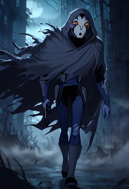 masterpiece, best quality, amazing quality, very aesthetic, absurdres, newest,
<lora:rook-10:1> rook, male focus, colored skin, alien, 1boy, yellow sclera, blue skin, white face, , red eyes, pointy ears, 
 blue bodysuit, armor, 
scared,, night time, glooming shadow, holding pistol, dark area, silent hill, fog, grey cloak, grey hood, torn cloak, cloaked up, hiding cloak, walking, cloak blowing in the wind,
