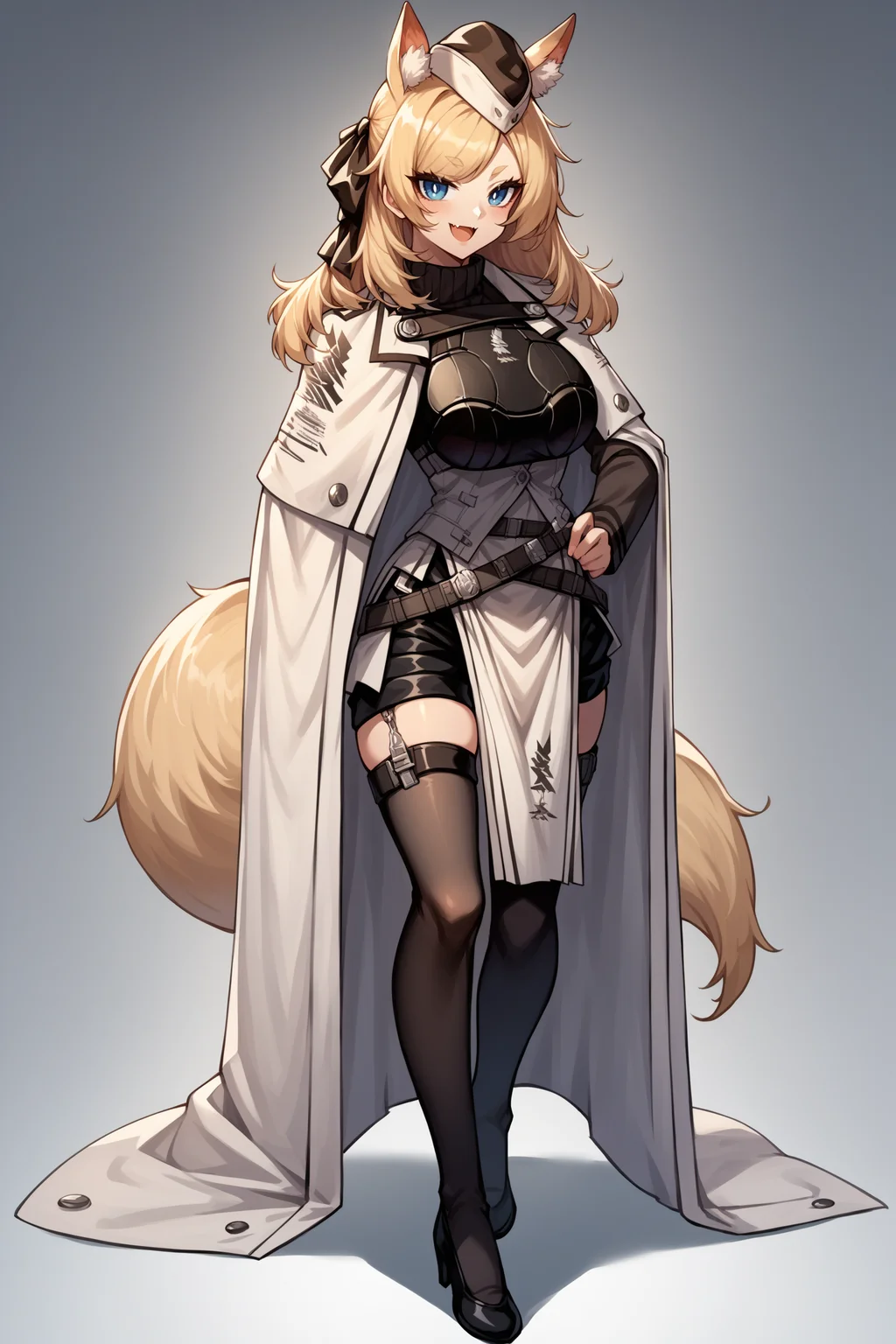 score_9, score_8_up, score_7_up, , rating_general,1girl ,wssd, animal ears, tail, hair ribbon, garrison cap, ribbed sweater, long sleeves, breastplate, white cape, pouch belt, black shorts, pelvic curtain, black thighhighs, high heels, source_anime, smile, :3, skin fang, open mouth, naughty face, <lora:WhislashPDCAMEv2L AK-000006:1>,