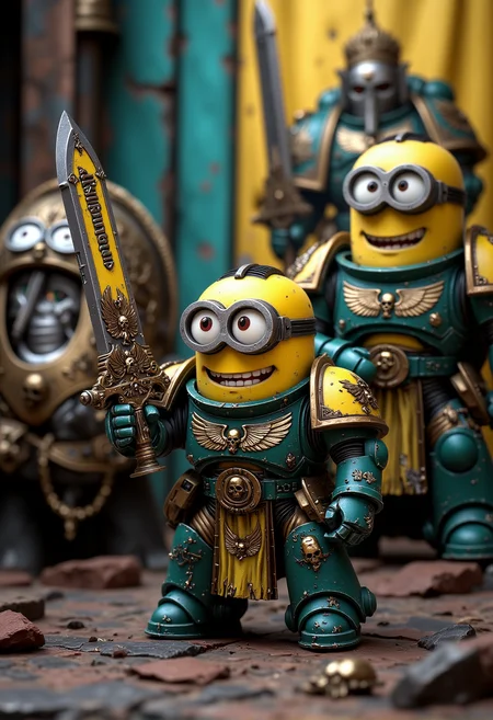 space marine. A fierce but tiny Minion dressed in battle-worn Space Marine armor, chipped but proudly showing Minion insignia and banana-themed purity seals. The Minion is without a helmet (no helmet:2.0), showcasing their iconic Minion goggles, expressive eyes, and wide smile. The Minion is wielding a relic blade with etched Minion logos and banana-colored highlights. The Minion is depicted in a scene such as: posing beside a Minion Dreadnought with a massive painted grin, both standing heroically. The Minion's expression is trying to look intimidating, yet charmingly cute. The scene should be depicted in a colorful but gritty Warhammer 40k style, with bright yellows and blues to emphasize the Minionsâ classic color scheme. The armor and weapons are detailed with ornate designs, but humor is maintained through Minion-themed accessories and comical touches. Witty details include: purity seals that read "Approved by Gru". Background elements should resemble classic Warhammer 40k settings but with a humorous Minion twist, such as: banners depicting the Emperor, but with a Minion twist, including goggles and a cheeky smile. , <lora:sm2.safetensors:1.0:1.0>