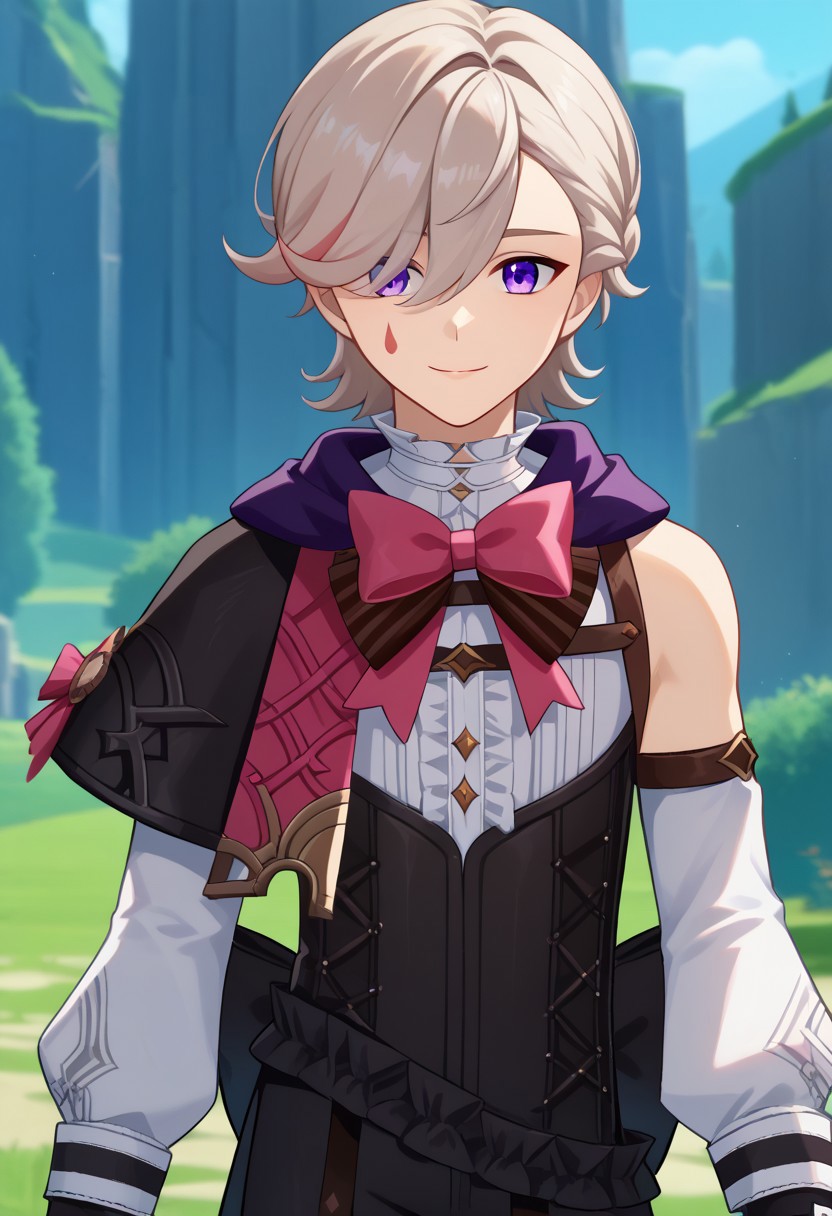 score_9, score_7_up, source_anime 
lyney, 1boy, male focus, solo, purple eyes, blonde hair, short hair, braid, hair over one eye, teardrop facial mark, ouji fashion, capelet, bow, pink bow, shirt, white shirt, frills, center frills, corset, detached sleeves, long sleeves, puffy long sleeves, puffy sleeves, gloves, smile,
outdoor,