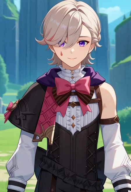score_9, score_7_up, source_anime
lyney, 1boy, male focus, solo, purple eyes, blonde hair, short hair, braid, hair over one eye, teardrop facial mark, ouji fashion, capelet, bow, pink bow, shirt, white shirt, frills, center frills, corset, detached sleeves, long sleeves, puffy long sleeves, puffy sleeves, gloves, smile,
outdoor,