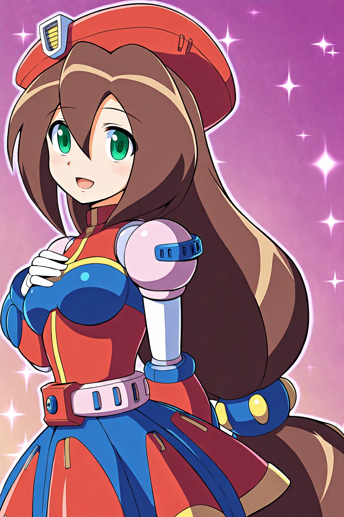 iris \(mega man\),1girl,brown hair,long hair,beret,solo,green eyes,android,smile,open mouth,medium breasts,low-tied long hair,blue and red dress,looking at viewer,very long hair,hair between eyes,red headwear,standing,upper body,hand on own chest,arm behind back,
<lora:iris_XL:0.8>,