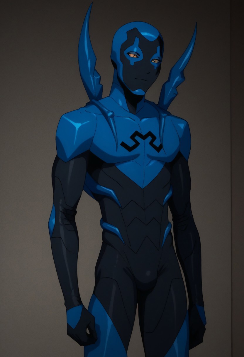 score_9, score_8_up, score_7_up, highly detailed, cute boy, 1boy, solo, Blue beetle, blue and black costume, mask