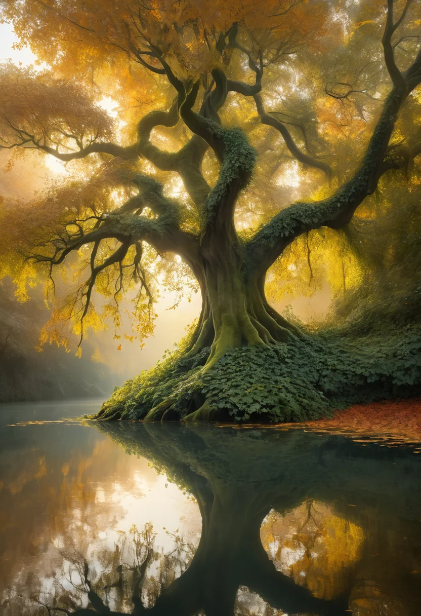 a tree overgrown with ivy, a tree leaning over a calm reflective pool, <lora:Artfully_TREES2-000003:0.6>, painted with soft brushstrokes, enhanced with glowing highlights, the interplay of light and shadow, a balance of light, form, and void, autumn tones, a grove of trees shrouded in golden mist masterpiece, detailed, best quality, absurd resolution uhd, 8k,
