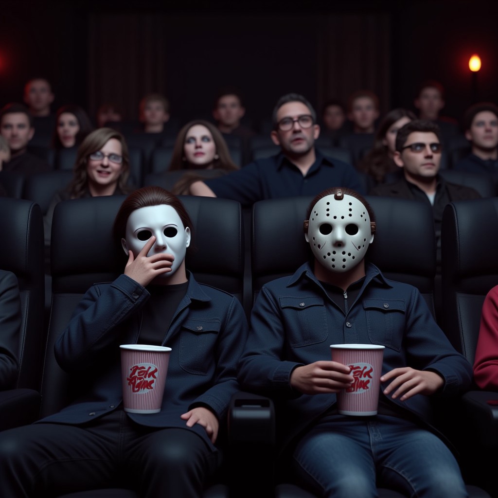 hyper detailed Michael Myers wearing a white captain kirk mask and Jason Voorhees  wearing a hockey mask, with popcorn cups on their laps are sitting in the front row of the cinema, watching a movie. The terrified Michael Myers is covering its face with its hand, while Jason voorhees screams in horror with huge, frightened eyes. Various people sitting behind them. Art by Ash Thorp. Cinema 4D, Octane and Redshift.
