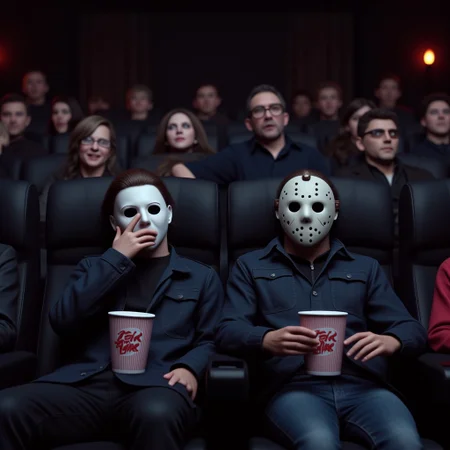 hyper detailed Michael Myers wearing a white captain kirk mask and Jason Voorhees  wearing a hockey mask, with popcorn cups on their laps are sitting in the front row of the cinema, watching a movie. The terrified Michael Myers is covering its face with its hand, while Jason voorhees screams in horror with huge, frightened eyes. Various people sitting behind them. Art by Ash Thorp. Cinema 4D, Octane and Redshift.