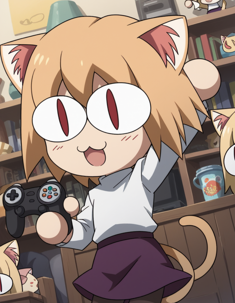 score_9, score_8_up, score_7_up, source_anime, <lora:carnivalphantasm-neco-arc-ova-ponyxl-lora-nochekaiser:1>, neco arc, short hair, blonde hair, red eyes, animal ears, tail, cat ears, chibi, cat tail, slit pupils,, skirt, pantyhose, sweater, purple skirt,, living room, video game, controller, competitive, fun, afternoon, , , hand behind head, , solo,, dutch angle, cowboy shot