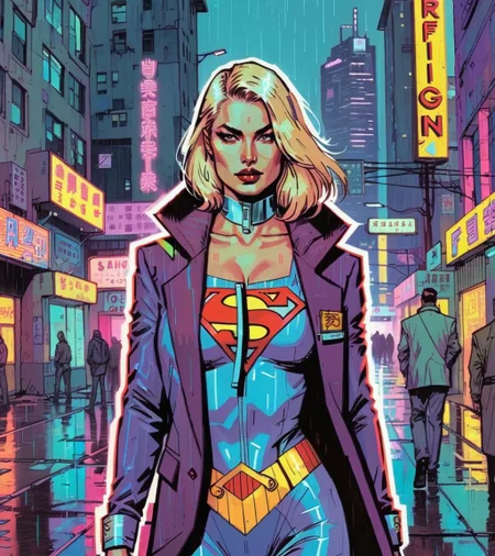 (Paulina Porizkova,a girl with a beautiful face), nighttime, cyberpunk city, dark, raining, neon lights, ((Wearing a blazer over a hoodie)), blazer, hoodie,(cyberpunk 2077 cityscape), (<lora:DiscoDeliriumXL-v1.2:0.5> disco elysium ,<lora:deathburgerxl:0.5> josan gonzalez ), cyberpunk 2077, cyberpunk, synthwave, 1980s, futurism, brutalism, neuromancer, cinematic photo,, Power girl, supergirl, blonde,analog, the contrast in colors and textures should be distinct highly detailed, surreal, vibrant yet slightly desaturated, faded film, desaturated, 35mm photo, grainy, vignette, vintage, Kodachrome, Lomography, stained, highly detailed, found footage