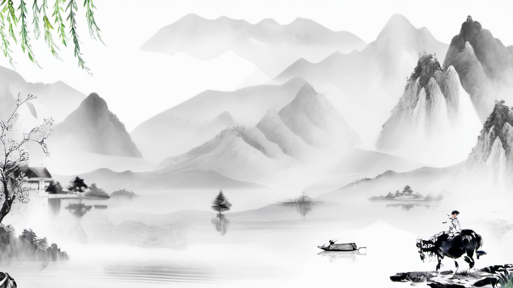 Sweeping Day Photography, a white and black painting of a boat on the water, and a small village with a person riding a horse below the mountains, best quality, high quality, masterpiece, 8K UHD, highly detailed, ultra detailed <lora:sweeping-day_lora_r64_sdxl:1.0>