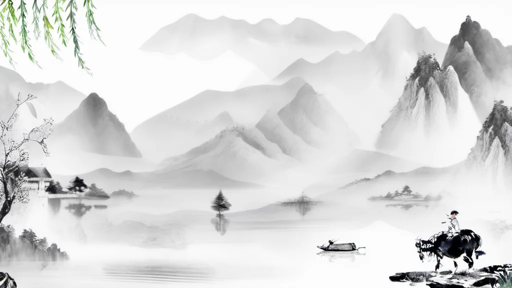 Sweeping Day Photography, a white and black painting of a boat on the water, and a small village with a person riding a horse below the mountains, best quality, high quality, masterpiece, 8K UHD, highly detailed, ultra detailed <lora:sweeping-day_lora_r64_sdxl:1.0>
