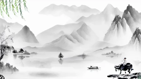 Sweeping Day Photography, a white and black painting of a boat on the water, and a small village with a person riding a horse below the mountains, best quality, high quality, masterpiece, 8K UHD, highly detailed, ultra detailed <lora:sweeping-day_lora_r64_sdxl:1.0>