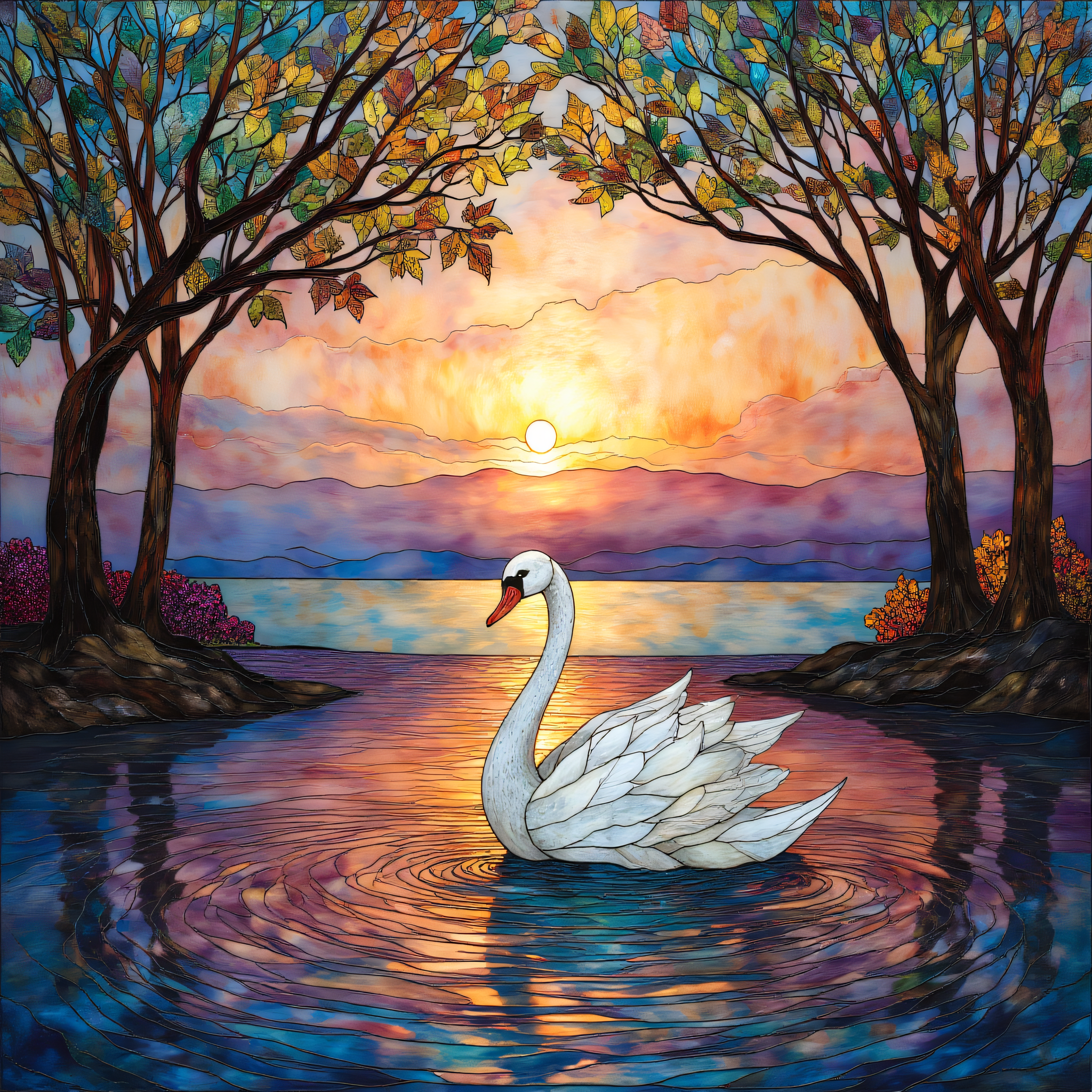 ArsMJStyle, Stained Glass, Swan on the Lake
A graceful white swan glides across a shimmering lake at sunset, the water reflecting the soft oranges, purples, and pinks of the sky. The surrounding trees form an arch over the swan, their leaves shining in emerald tones.