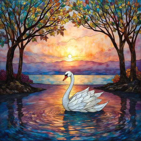 ArsMJStyle, Stained Glass, Swan on the Lake
A graceful white swan glides across a shimmering lake at sunset, the water reflecting the soft oranges, purples, and pinks of the sky. The surrounding trees form an arch over the swan, their leaves shining in emerald tones.