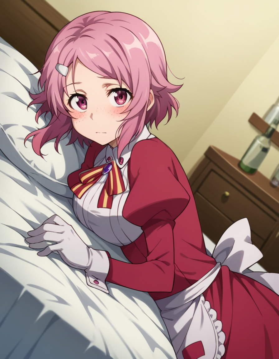 score_9, score_8_up, score_7_up, source_anime,
rikashinozaki, <lora:rika-shinozaki-s1-ponyxl-lora-nochekaiser:1>,
rika shinozaki, short hair, hair ornament, pink hair, hairclip, pink eyes, freckles, parted bangs,
long sleeves, ribbon, neck ribbon, puffy sleeves, juliet sleeves, collar, gemstone, gloves, dress, red dress, frills, apron,
indoors, bed, bed room, on side, blush, drunk,
looking at viewer, cowboy shot, solo, dutch angle,