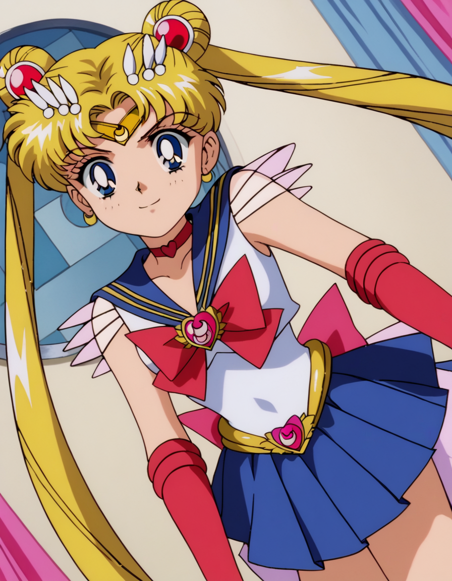 score_9, score_8_up, score_7_up, source_anime, <lora:usagi-tsukino-supers-movie-ponyxl-lora-nochekaiser:1>, usagi tsukino, blonde hair, blue eyes, double bun, hair bun, hair ornament, long hair, twintails, circlet, parted bangs,, back bow, blue sailor collar, blue skirt, bow, brooch, choker, crescent moon, elbow gloves, gloves, jewelry, magical girl, pleated skirt, red bow, red choker, ribbon, sailor collar, sailor senshi uniform, skirt, white gloves,, indoors, smile, looking at viewer, solo,, cowboy shot, dutch angle