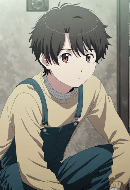 high resolution, solo, best quality, 1Boy, Inaho Kaizuka, Black Hair, Brown Eyes, lofi, candid, squat, depth of field, photo model, looking at viewer, OverallDetail