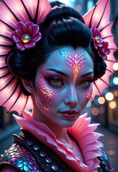 Detailed, masterpiece, professional, bold colors, awe-inspiring, photography inspired by modern fantasy art, medium shot, HDR, futuristic realistic geisha in a cyberpunk theme, neon geisha sparkle face paint, elaborate attire, street lights illuminate her face
