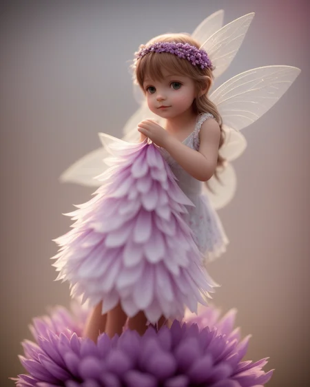 small fairy, plays on large tuberous, tuberous in the background, high angel pov 120mm, macro shot, depth of field, soft front light, glow, HDR, (muted colors:1.2), Canon RF 100mm F2.8L Macro IS USM