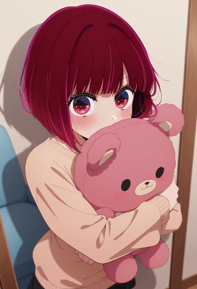 masterpiece,best quality,amazing quality, arima kana, red hair, short hair, red eyes, 1girl, solo, blush, object hug, stuffed toy, looking at viewer , sweater, stuffed animal, long sleeves