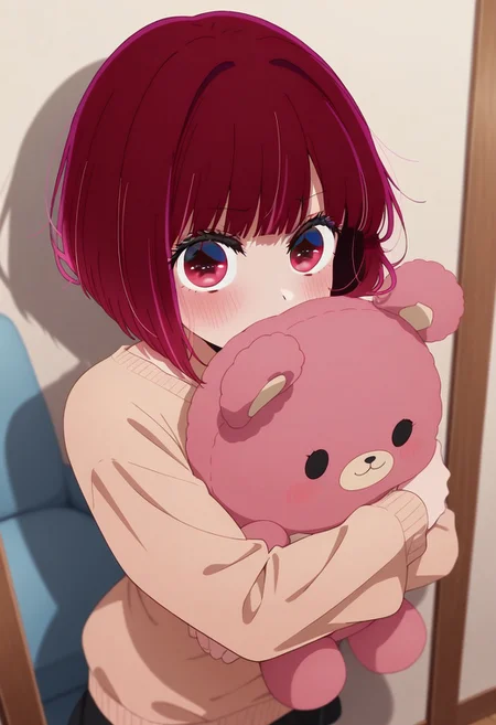masterpiece,best quality,amazing quality, arima kana, red hair, short hair, red eyes, 1girl, solo, blush, object hug, stuffed toy, looking at viewer , sweater, stuffed animal, long sleeves