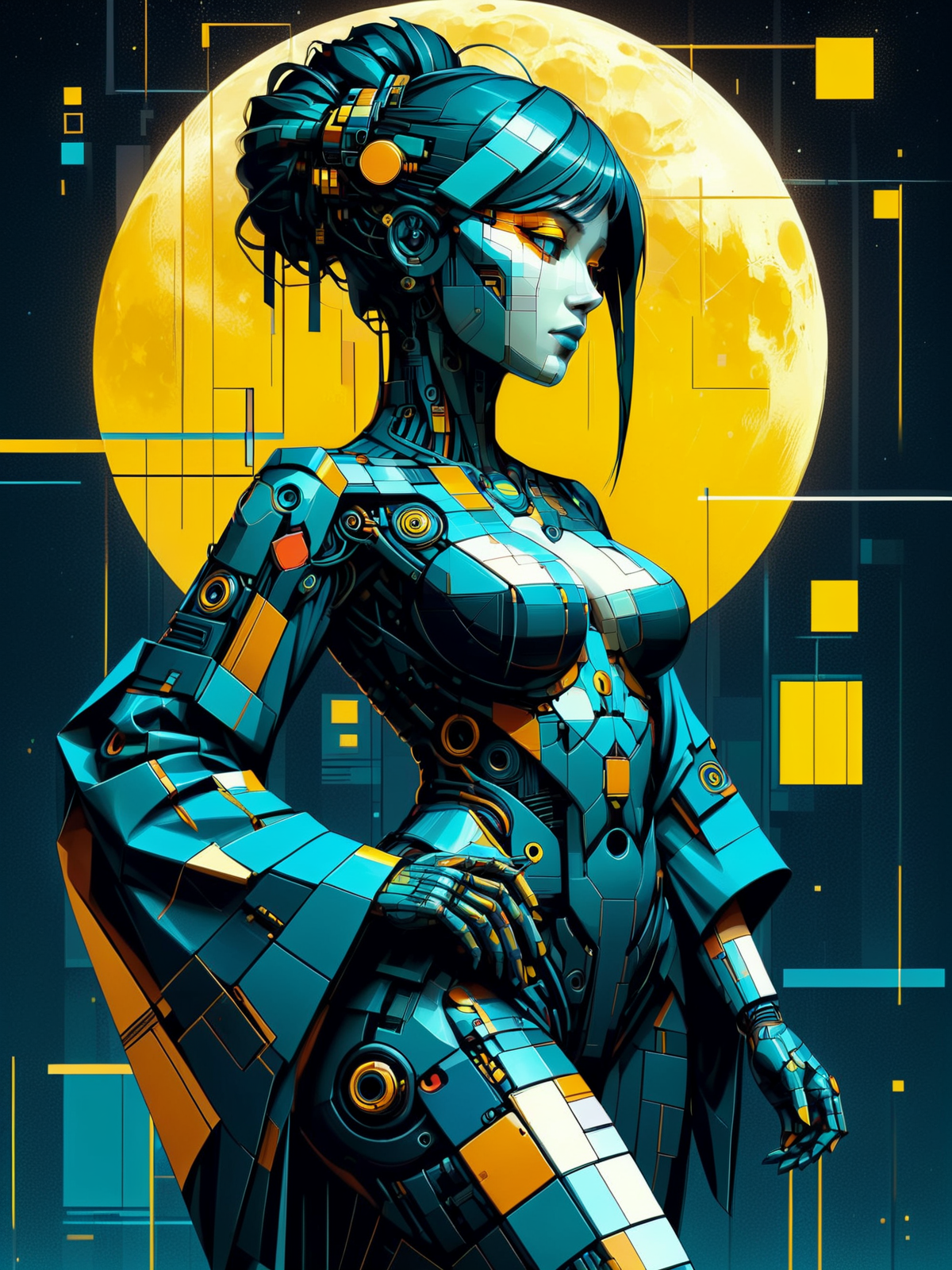 mad-cbpk-cubism woman in kimono, yellow moon, cyberpunk, dynamic pose, squares and lines in the background, <lora:Neon_Cyberpunk_Cubism_SDXL:1>, (masterpiece:1.2), best quality, (hyperdetailed, highest detailed:1.2), high resolution textures
