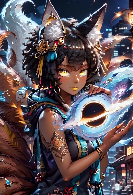 safe_pos, (score_9), score_8_up, score_7_up, 
anime
1girl, full body,
(dark brown skin, beautiful, black hair, curly hair (large round afro: 1.4), (((Kitsune)), Fox ears, ((fox tail)), large tail, (nine tails), (multiple tails), saddle brown tails:1.2, black fur tips: 1.6), (yellow eyes, slit pupils: 1.4), (glowing eyes: 0.8), eyesHD, high gradient eyes, high definition eyes, detailed eyes, teeth with fangs, black claws, 

tattoo, hood, jewelry, bracelet, sleeveless, hoodie, 

gigantic breasts, round breasts, huge ass, sexy, thick thighs), top heavy, black lipstick, silver jewelry, evil grin, sexy, (black hole in hand), holding black hole, handfixer
 
blue flames
Alleyway, night, event horizon, gravitational lensing