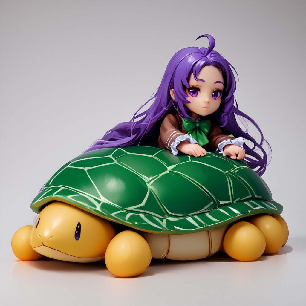 (score_9, score_8_up:1.1), score_7_up, (((realistic, photorealistic))), BanubeeFriends(Tetsu), 1girl, solo, full body, figure, three-quarter angle, dramatic angle, medium breast, vivid lighting white trim, white background, flat ground, full body, Ziru, 1girl, ahoge, very long hair, purple eyes, purple hair, closed mouth, expressionless, green_bowtie, long sleeves, brown dress, frilled dress, green shell, >_<, riding, stuffed_animal, turtle, on stomach,