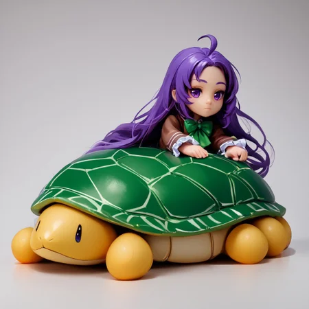 (score_9, score_8_up:1.1), score_7_up, (((realistic, photorealistic))), BanubeeFriends(Tetsu), 1girl, solo, full body, figure, three-quarter angle, dramatic angle, medium breast, vivid lighting white trim, white background, flat ground, full body, Ziru, 1girl, ahoge, very long hair, purple eyes, purple hair, closed mouth, expressionless, green_bowtie, long sleeves, brown dress, frilled dress, green shell, >_<, riding, stuffed_animal, turtle, on stomach,