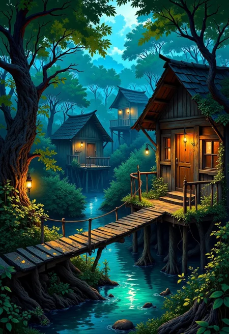 Masterpiece, best quality, ultra-detailed, 8K. Nestled deep within a tangle of weeping willows and mist-choked waterways lies a village. Wooden shacks on stilts lean over black, slow-moving water, their moss-draped roofs sagging under years of damp and decay. Narrow planks and rickety rope bridges crisscross the marsh, slick with algae and treacherous to the unwary. Lanterns flicker behind shuttered windows, casting faint orange halos in the gloom, while strange shapes ripple beneath the water’s surface, seen only in quick glimpses and whispered about over cups of moonshine brewed from who-knows-what.
Highly detailed, soft magical glows, fantasy dreamscape, cinematic lighting, rich murky swamp hues, 8k resolution. DB4RZ, DB4RZ style painting, Anime art