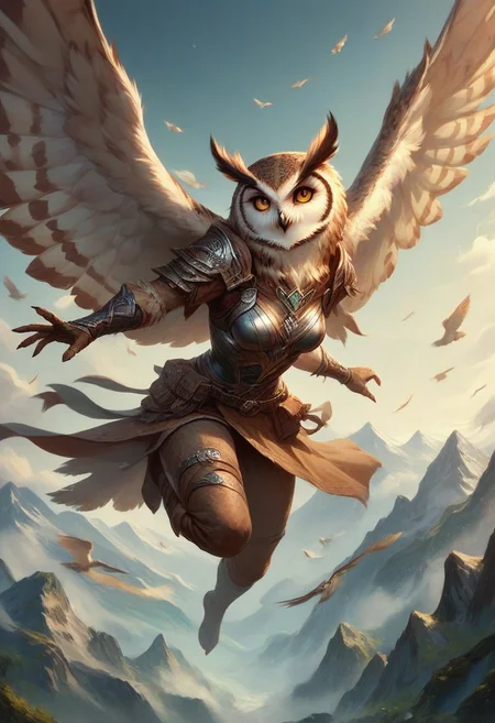score_9, score_8_up, score_7_up, Owl, 1woman, flying over a mountain