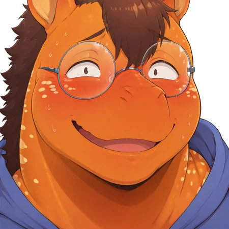 masterpiece, best quality, amazing quality,
1boy, solo, Anthro,Aibu,zebra/gecko hybrid,orange body,tan spots,brown hair,plump,male focus, glasses, furry male, plump,glasses, smile, blue hoodie, white background, nervous smile, face focus, close-up, straight-on, looking at viewer,