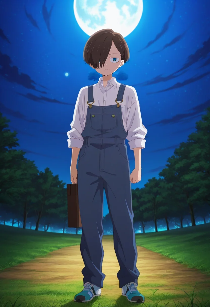 masterpiece, best quality, , anime screencap, anime coloring, official style, , 1boy, solo, male focus, <lora:kyoutarou_ichikawa_ilxl:0.9>, kyoutarou_ichikawa, brown hair, blue eyes, short hair, hair over one eye, bangs, panorama, grass, tree, night, full moon, holding object, skin fang, Overalls, Suit jacket, Athletic shoes, ,