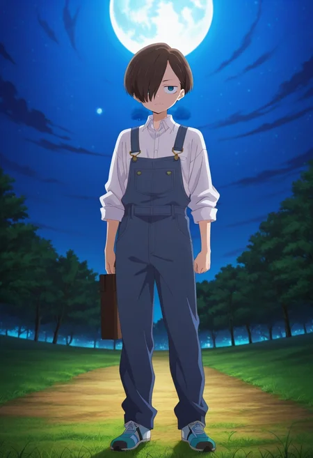 masterpiece, best quality, , anime screencap, anime coloring, official style, , 1boy, solo, male focus, <lora:kyoutarou_ichikawa_ilxl:0.9>, kyoutarou_ichikawa, brown hair, blue eyes, short hair, hair over one eye, bangs, panorama, grass, tree, night, full moon, holding object, skin fang, Overalls, Suit jacket, Athletic shoes, ,