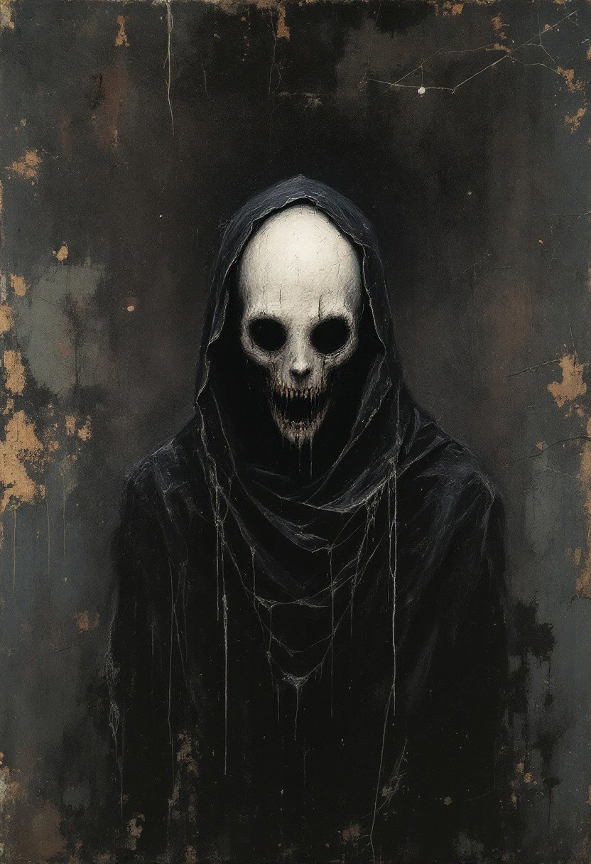 A disturbing mixed-media illustration painted on an aged, dusty, and grainy canvas using layered oil paint and rough pastel strokes. The overall scene is gritty and dirty, with visible cracks, faded pigments, and clumps of dried paint. The background is composed of deep, oppressive shades—dark navy blue, black, murky brown, and ashen gray—evoking a suffocating, haunted atmosphere. Emerging from the shadows is a chilling white humanoid silhouette, eerily glowing against the dark palette. It has a mouth and a nose, but no eyes—only a smooth, featureless void where the eyes should be. The figure wears a jet-black hooded robe, soaked in grime and aged fabric textures, blending into the darkness. Thick, tar-like liquid drips from its mouth and ears, staining its pale skin and pooling onto the canvas below. The strokes are rough and aggressive, with smudges, cracked textures, and visible brush pressure, evoking a sense of madness and despair. The entire image feels cursed, like a forgotten painting from a deranged mind—unnatural, surreal, and terrifying.