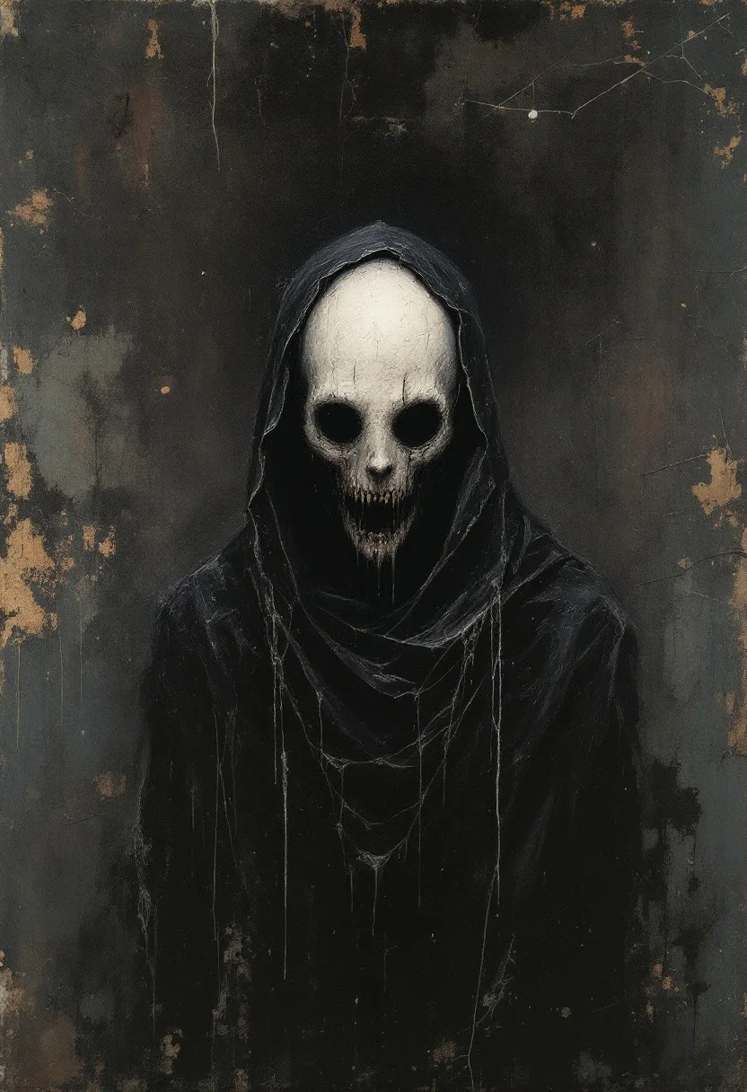 A disturbing mixed-media illustration painted on an aged, dusty, and grainy canvas using layered oil paint and rough pastel strokes. The overall scene is gritty and dirty, with visible cracks, faded pigments, and clumps of dried paint. The background is composed of deep, oppressive shades—dark navy blue, black, murky brown, and ashen gray—evoking a suffocating, haunted atmosphere. Emerging from the shadows is a chilling white humanoid silhouette, eerily glowing against the dark palette. It has a mouth and a nose, but no eyes—only a smooth, featureless void where the eyes should be. The figure wears a jet-black hooded robe, soaked in grime and aged fabric textures, blending into the darkness. Thick, tar-like liquid drips from its mouth and ears, staining its pale skin and pooling onto the canvas below. The strokes are rough and aggressive, with smudges, cracked textures, and visible brush pressure, evoking a sense of madness and despair. The entire image feels cursed, like a forgotten painting from a deranged mind—unnatural, surreal, and terrifying.