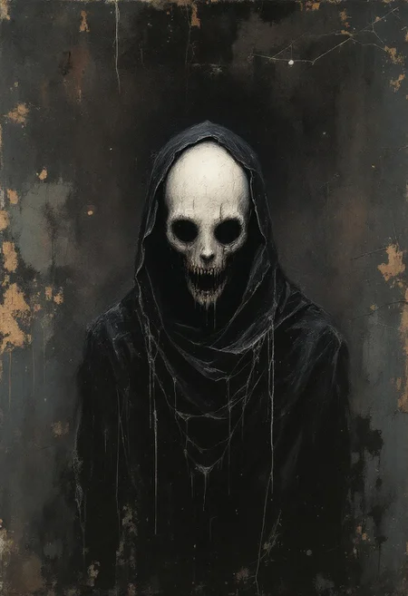 A disturbing mixed-media illustration painted on an aged, dusty, and grainy canvas using layered oil paint and rough pastel strokes. The overall scene is gritty and dirty, with visible cracks, faded pigments, and clumps of dried paint. The background is composed of deep, oppressive shades—dark navy blue, black, murky brown, and ashen gray—evoking a suffocating, haunted atmosphere. Emerging from the shadows is a chilling white humanoid silhouette, eerily glowing against the dark palette. It has a mouth and a nose, but no eyes—only a smooth, featureless void where the eyes should be. The figure wears a jet-black hooded robe, soaked in grime and aged fabric textures, blending into the darkness. Thick, tar-like liquid drips from its mouth and ears, staining its pale skin and pooling onto the canvas below. The strokes are rough and aggressive, with smudges, cracked textures, and visible brush pressure, evoking a sense of madness and despair. The entire image feels cursed, like a forgotten painting from a deranged mind—unnatural, surreal, and terrifying.